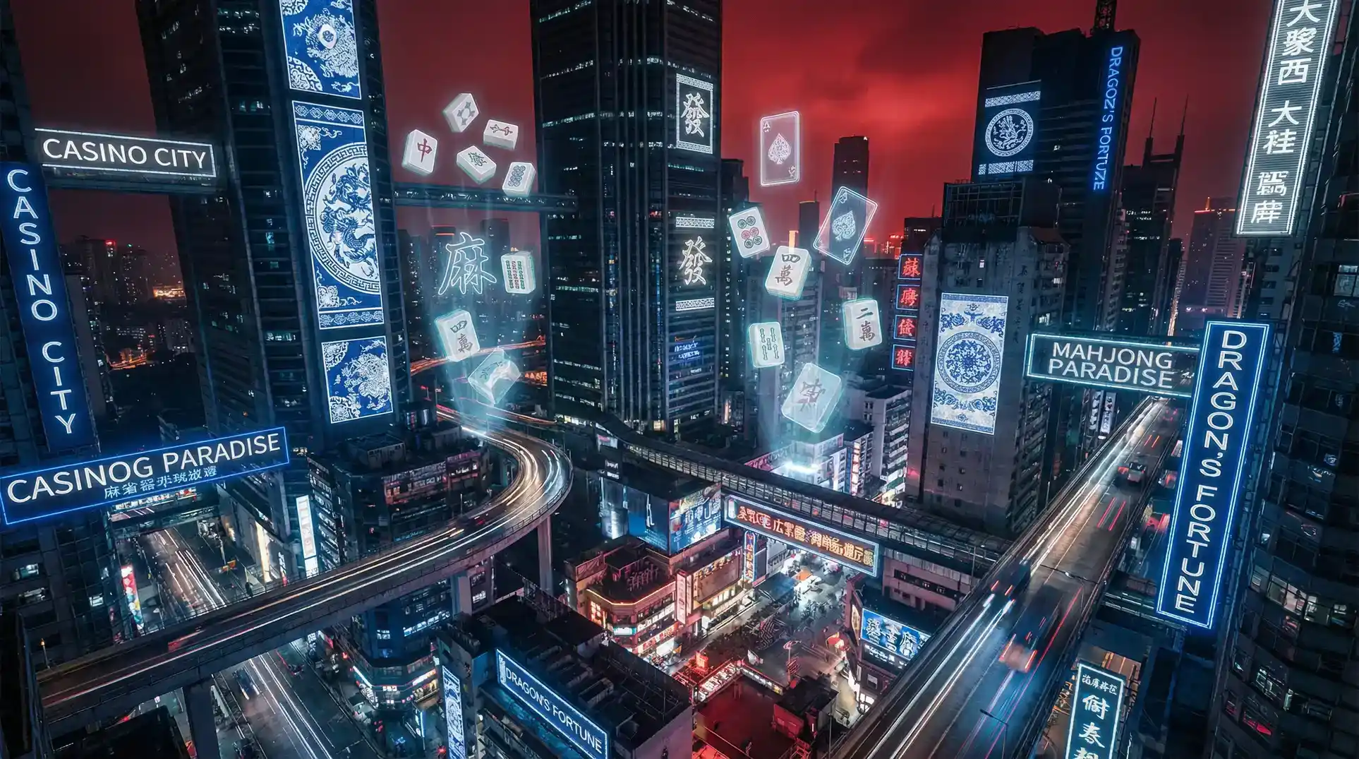 电子棋牌 赛博朋克青花瓷都市夜景全景